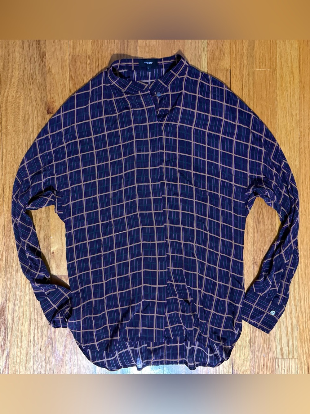Theory Perfect Dolman 100% Silk Plaid Blouse Size L